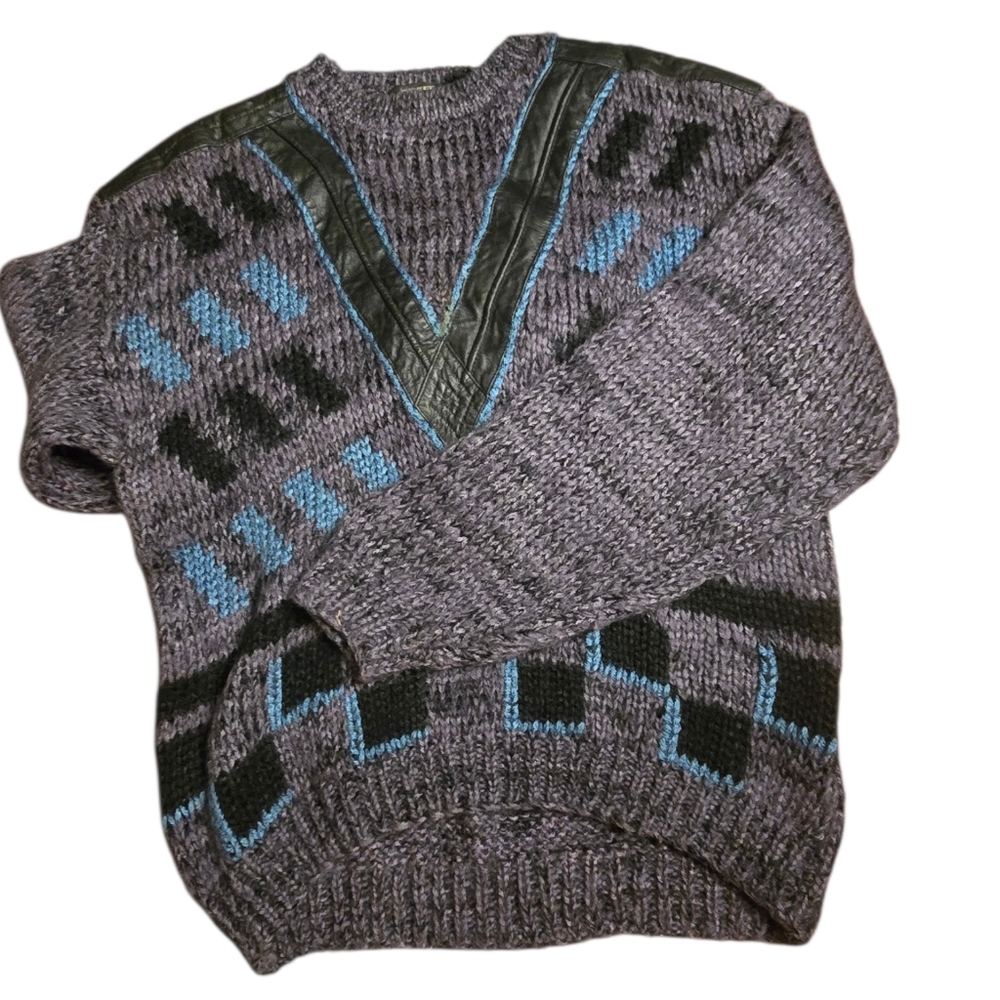Men's Vintage 80's Sweater Large Street Scene Leather Accent Purple Gray